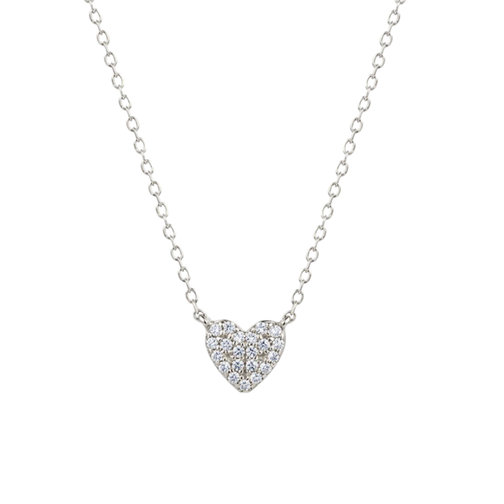 Silver heart-shaped necklace with small diamonds on a white background