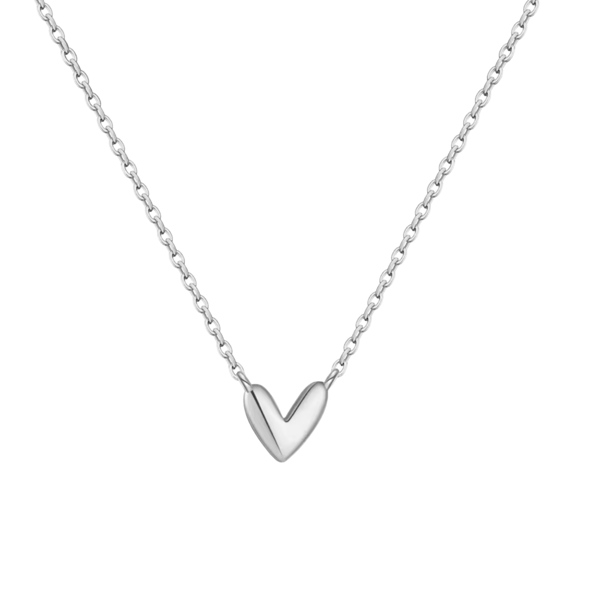 A delicate silver chain necklace with a small, polished silver heart pendant, shown against a solid white background.