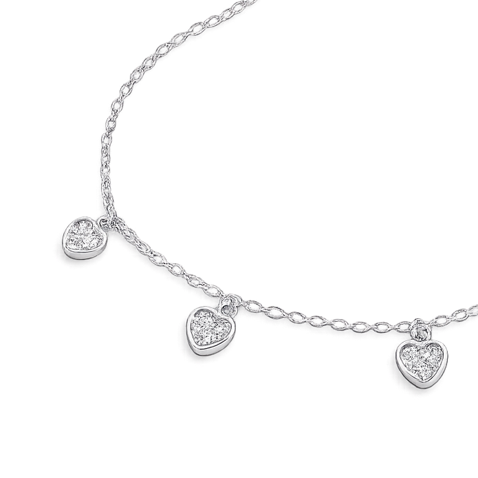 Silver necklace with heart-shaped pendants on a white background