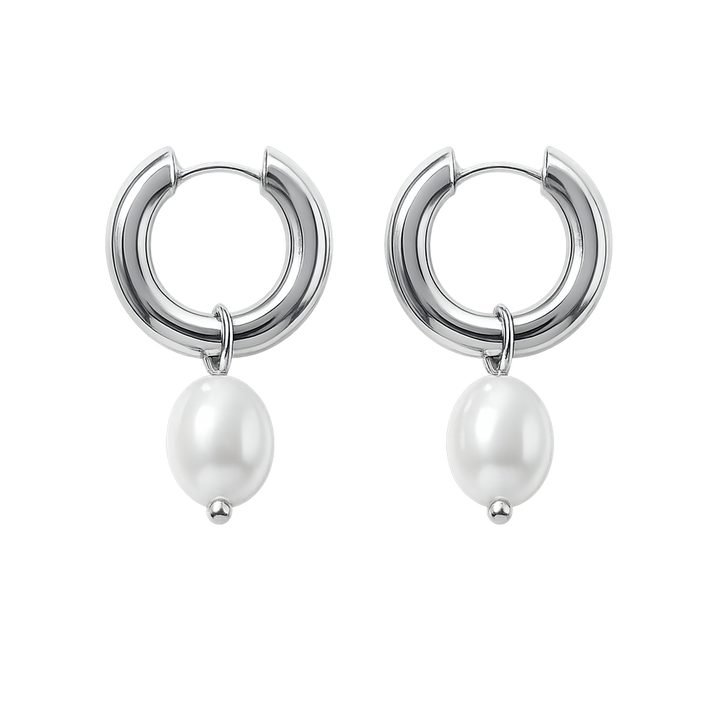 Pair of silver hoop earrings with pearl drops on a white background