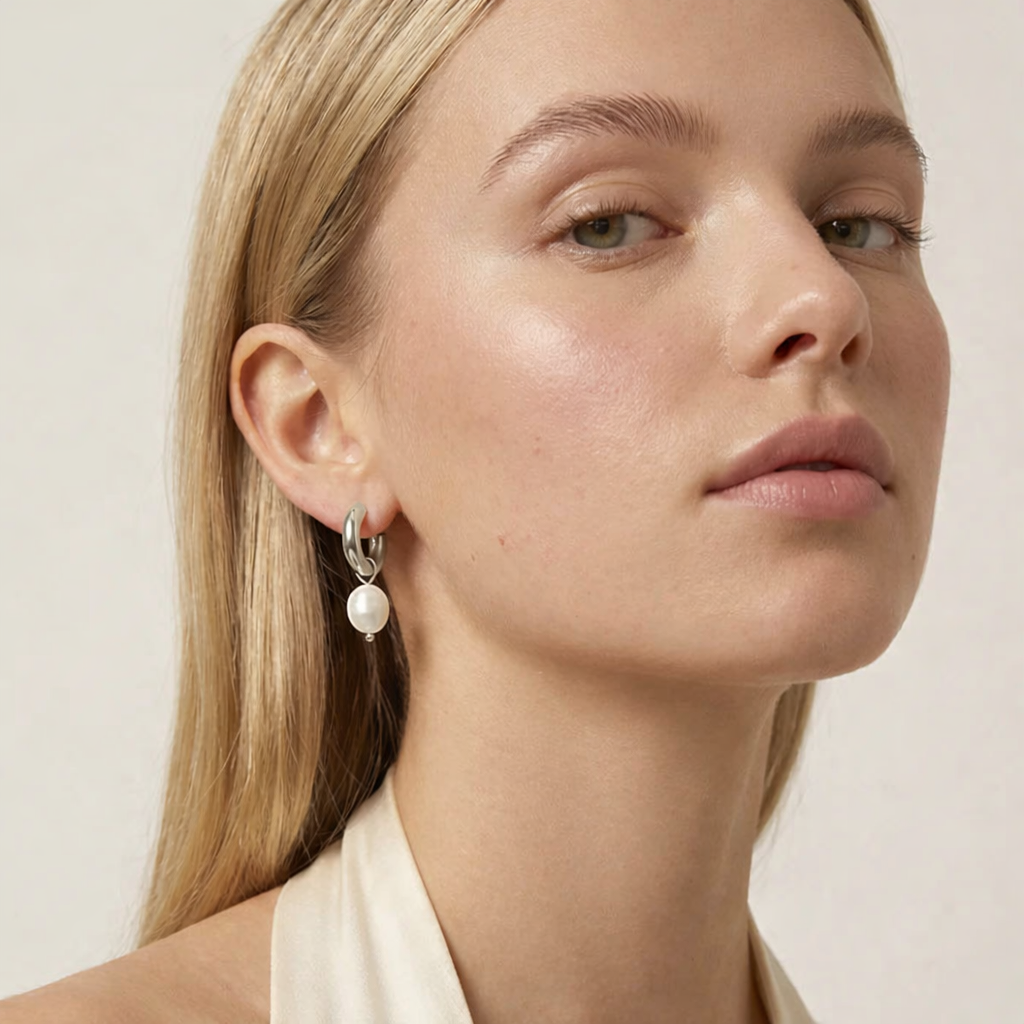 Close-up of a woman wearing pearl earrings with a neutral background