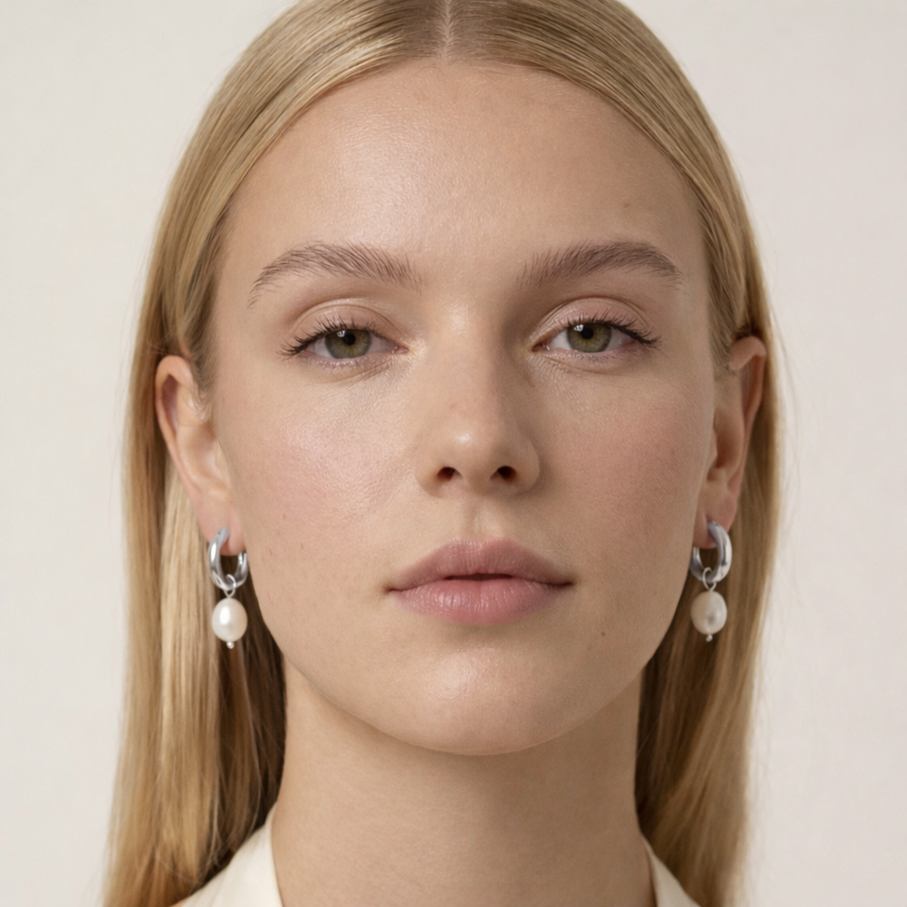 Close-up of a person wearing pearl earrings against a plain background