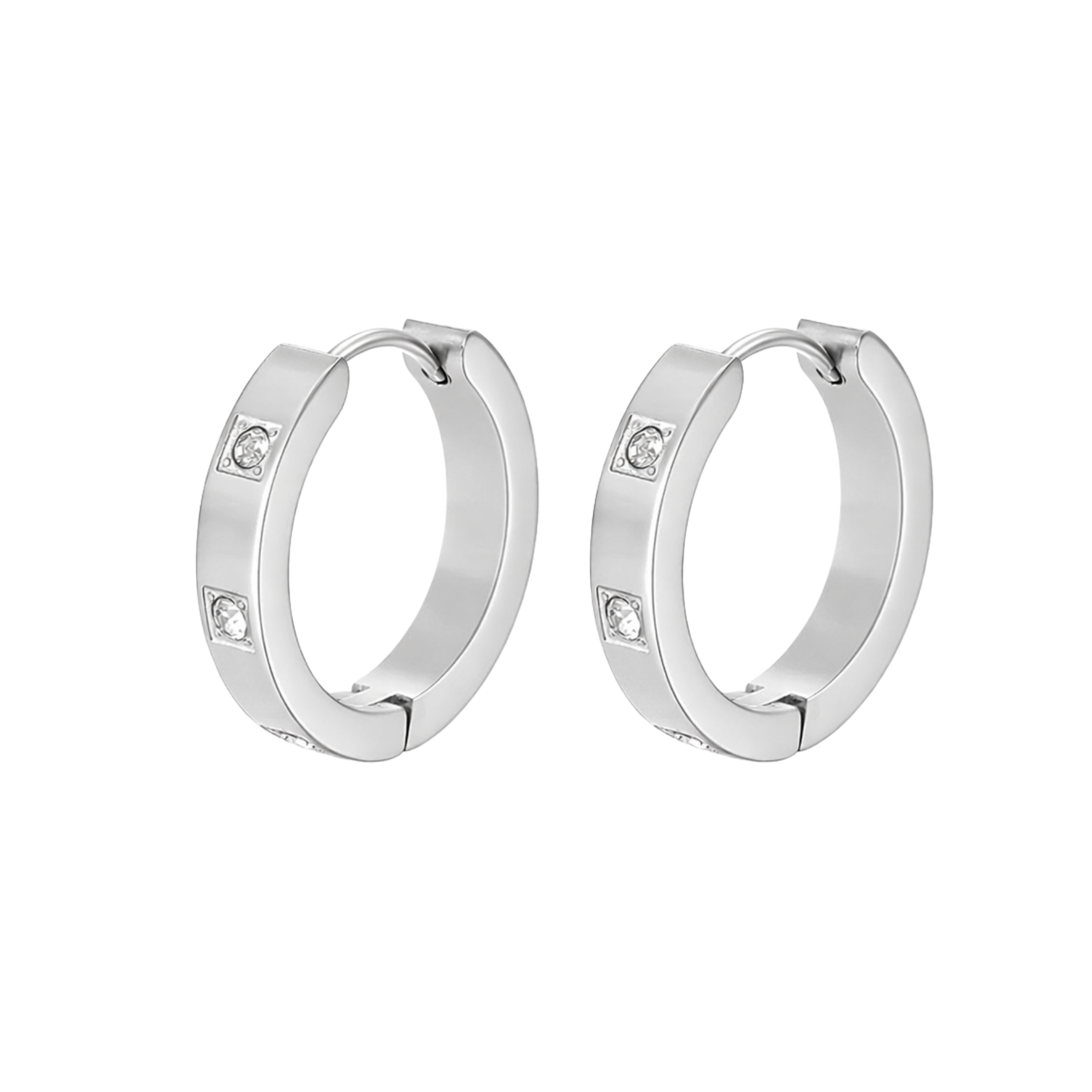 Pair of silver hoop earrings with small stones on a white background