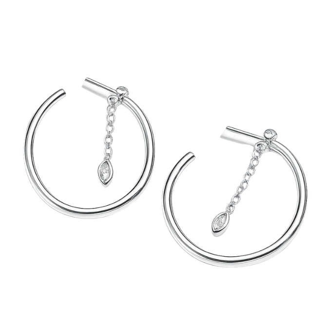 Silver hoop earrings with dangling elements on a white background