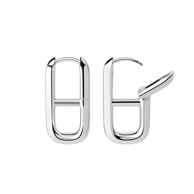 Pair of silver hoop earrings on a white background