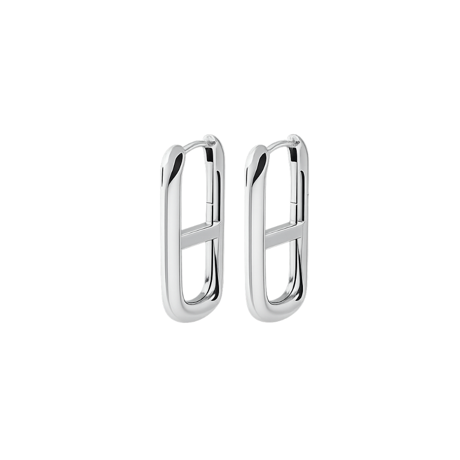 Pair of silver hoop earrings on a white background