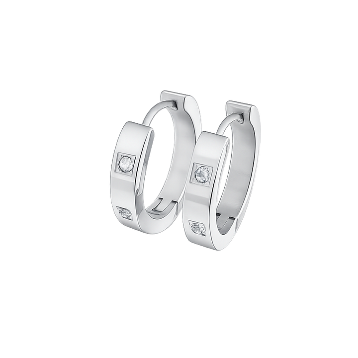 Pair of silver hoop earrings with embedded stones on a white background