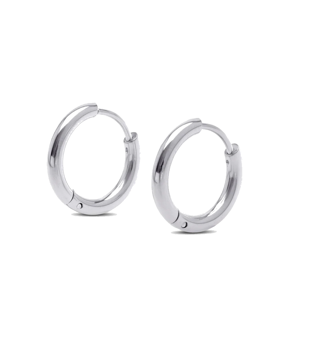 Pair of silver hoop earrings on a white background