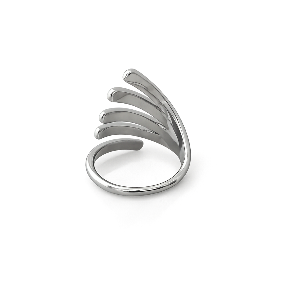 Silver ring with multiple curved bands on a white background