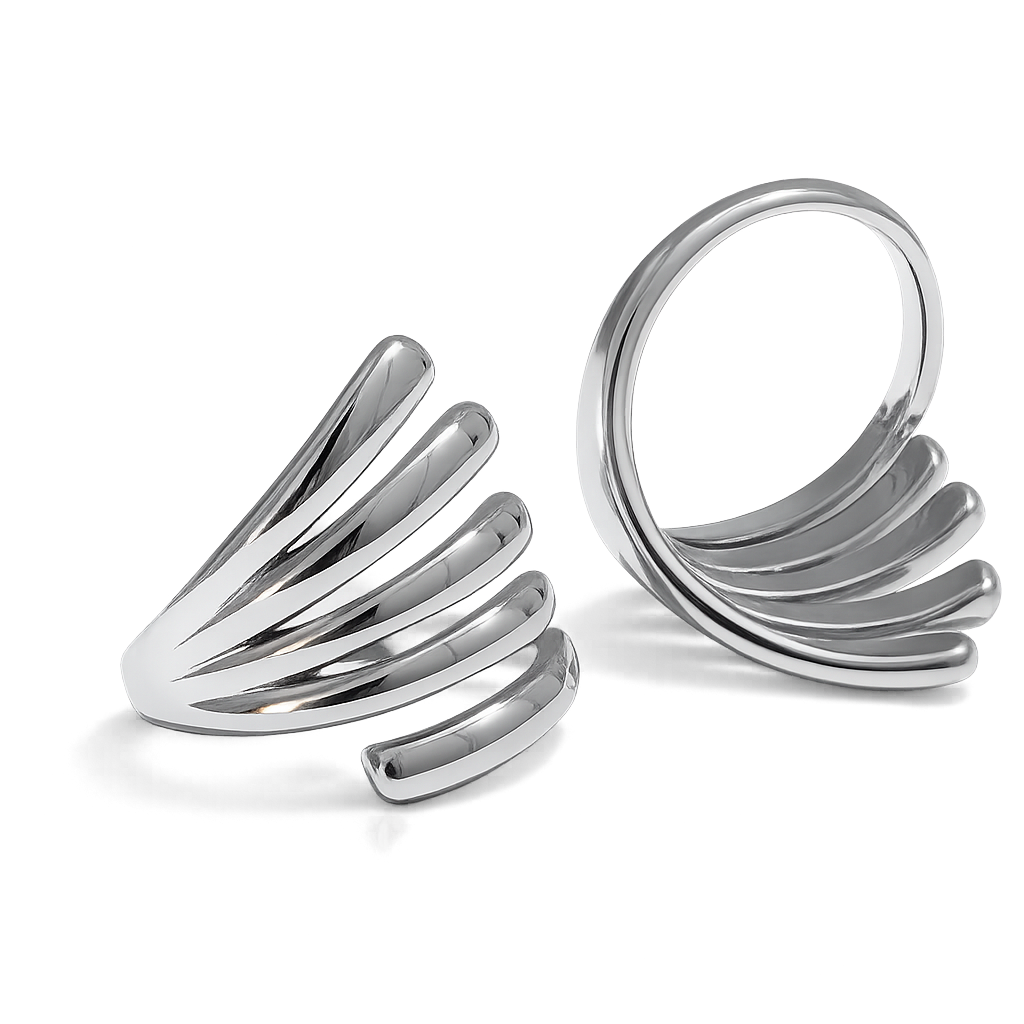 front and back of silver fan stacking ring