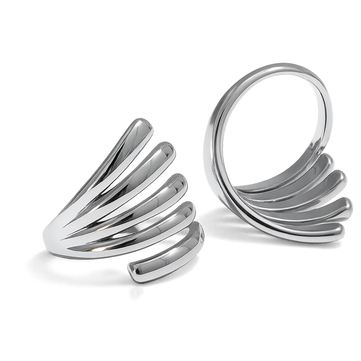 front and back of silver fan stacking ring