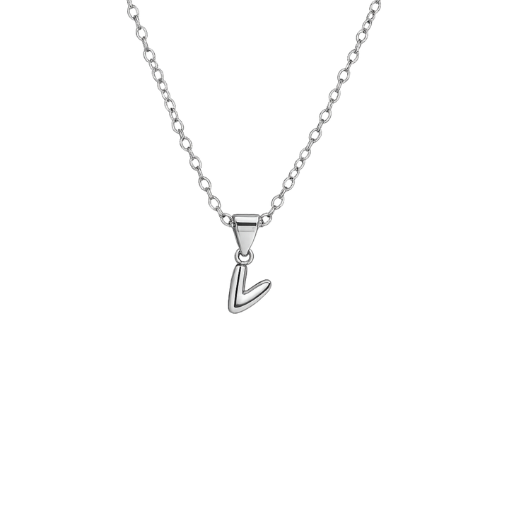 Silver necklace with a letter pendant on a white background