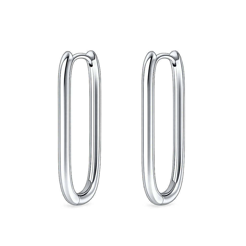 Pair of silver hoop earrings on a white background