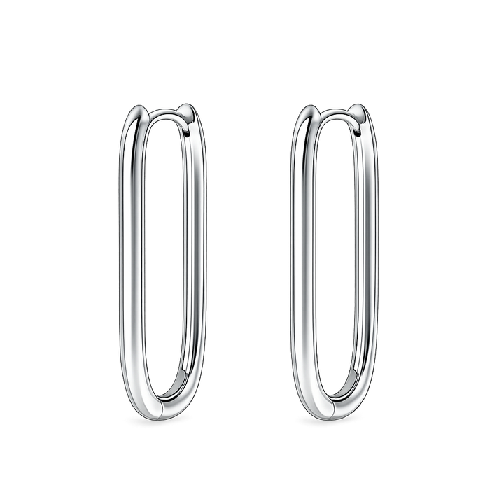 Pair of silver hoop earrings on a white background