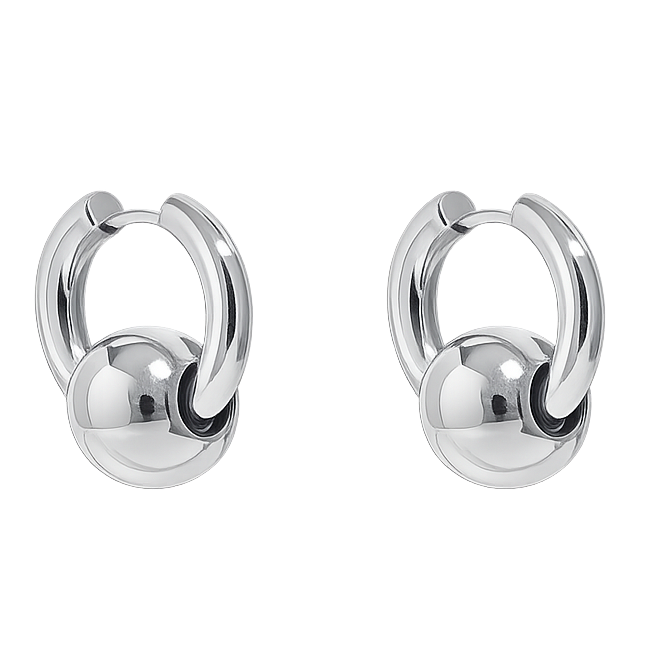Pair of silver hoop earrings on a white background