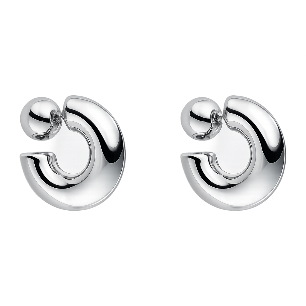 Pair of silver hoop earrings on a white background