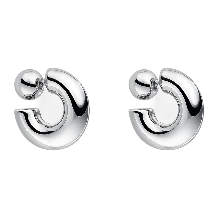 Pair of silver hoop earrings on a white background