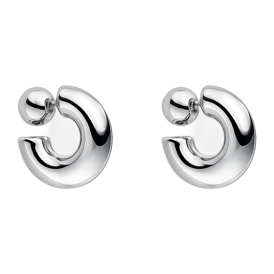 Pair of silver hoop earrings on a white background