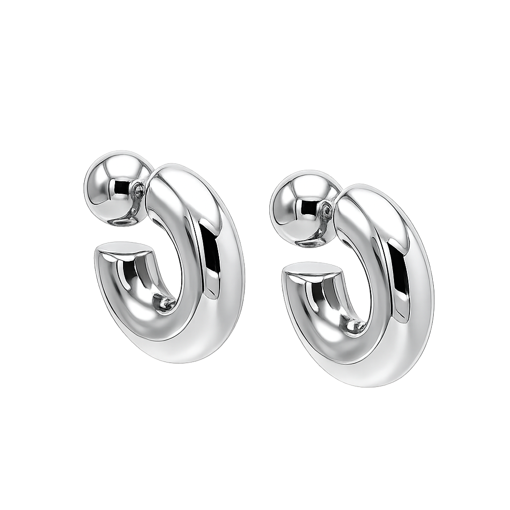 Pair of silver hoop earrings on a white background