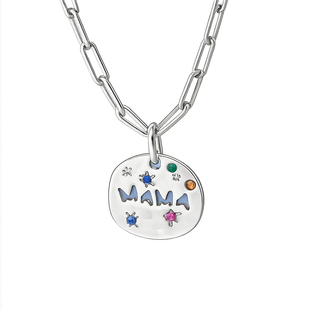 Silver necklace with a 'MAMA' pendant featuring colorful stones on a white background