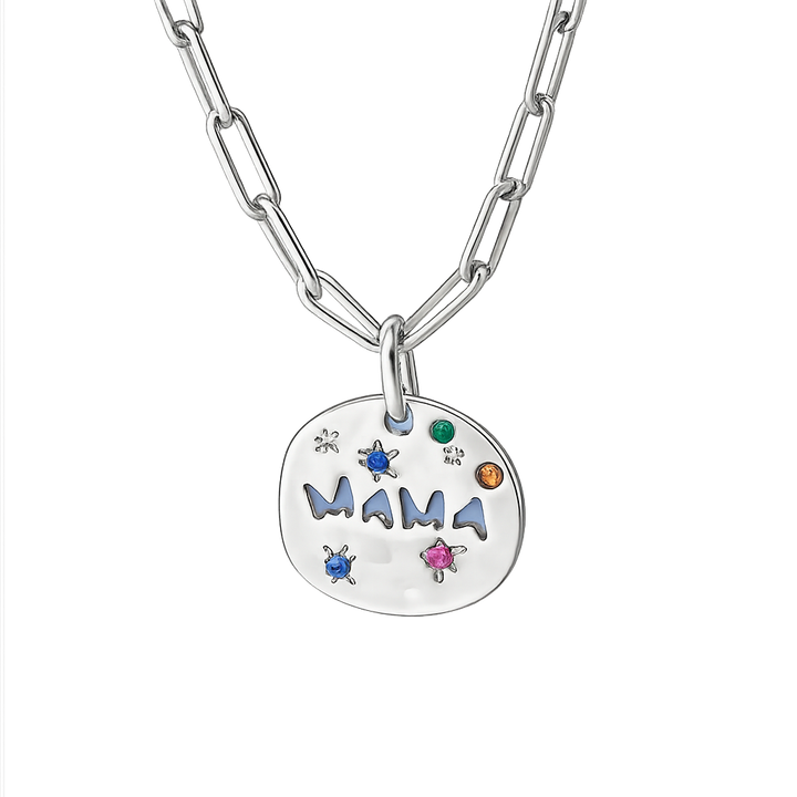 Silver necklace with a 'MAMA' pendant featuring colorful stones on a white background