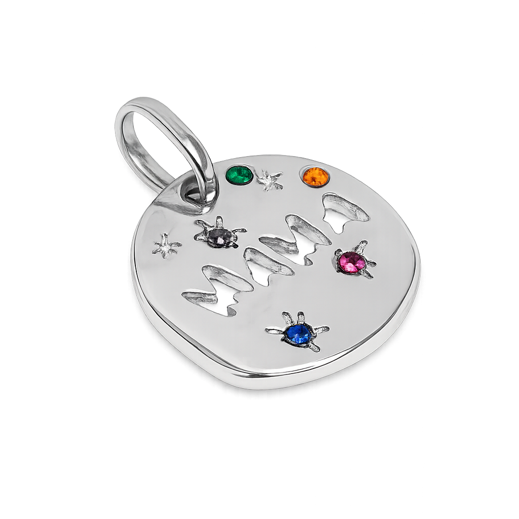 Silver heart-shaped pendant with engraved name and colorful stones on a white background