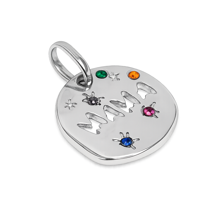 Silver heart-shaped pendant with engraved name and colorful stones on a white background