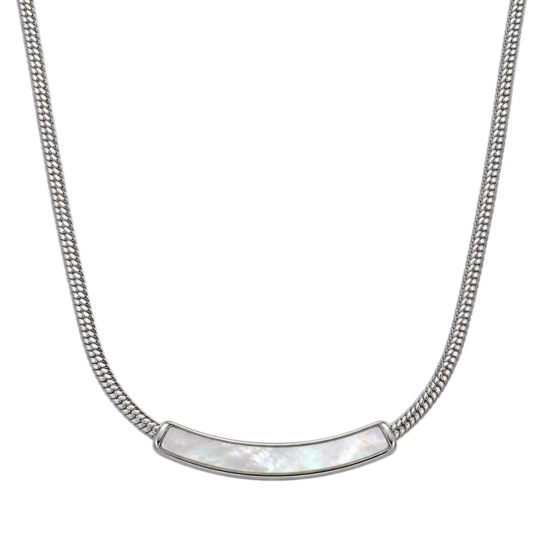 A silver-toned chain necklace featuring a curved bar pendant inlaid with iridescent white mother-of-pearl, shown against a plain white background.