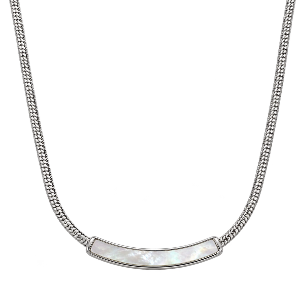 A silver-toned chain necklace featuring a curved bar pendant inlaid with iridescent white mother-of-pearl, shown against a plain white background.
