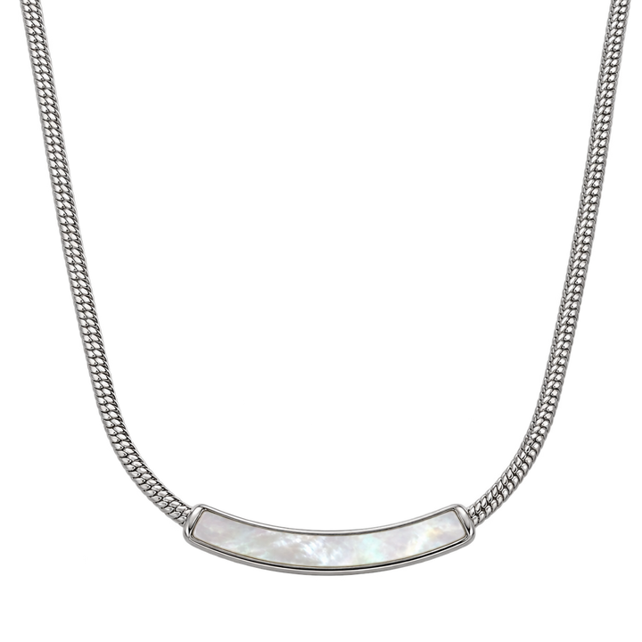 A silver-toned chain necklace featuring a curved bar pendant inlaid with iridescent white mother-of-pearl, shown against a plain white background.
