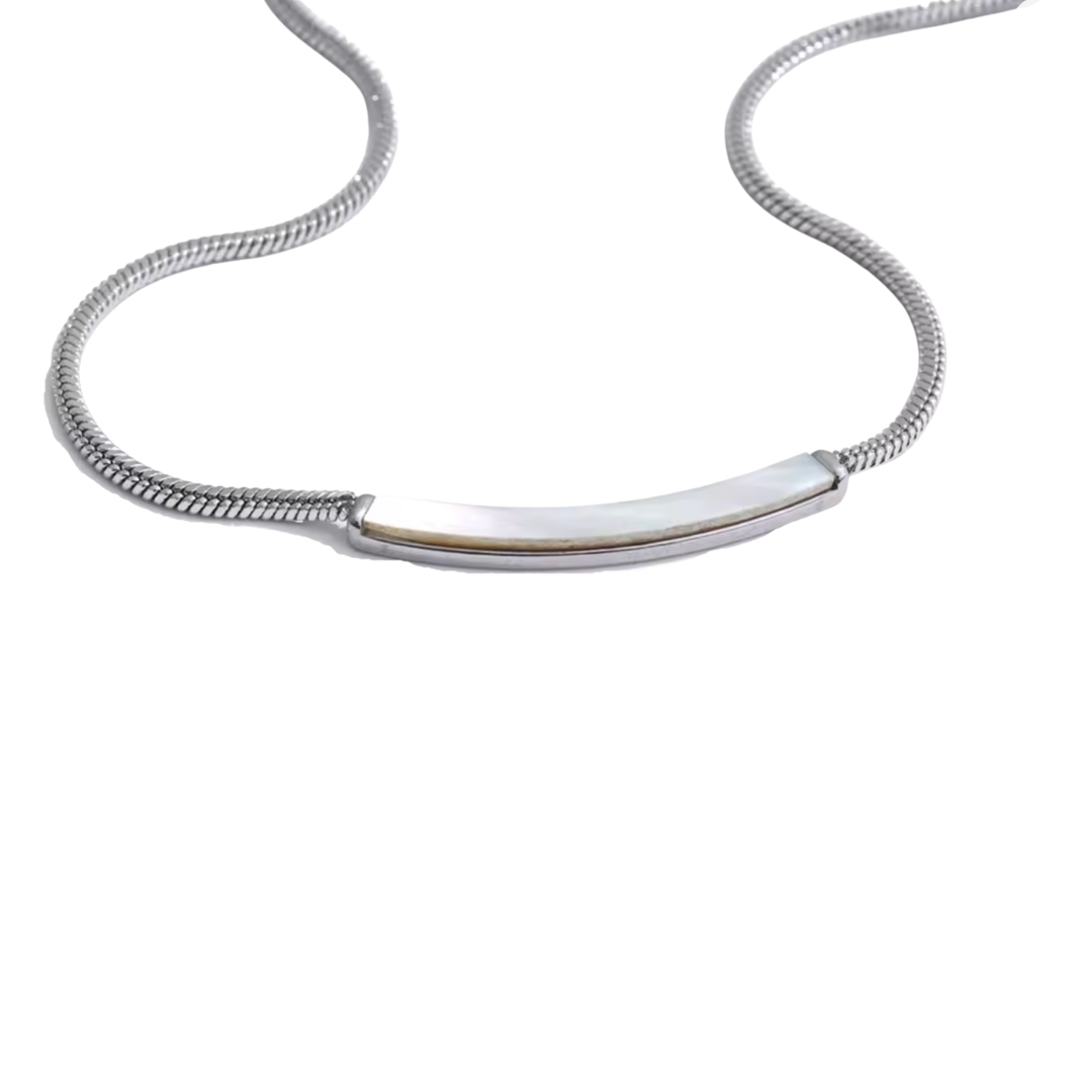 A silver snake chain necklace with a curved, polished silver bar pendant on a plain white background.