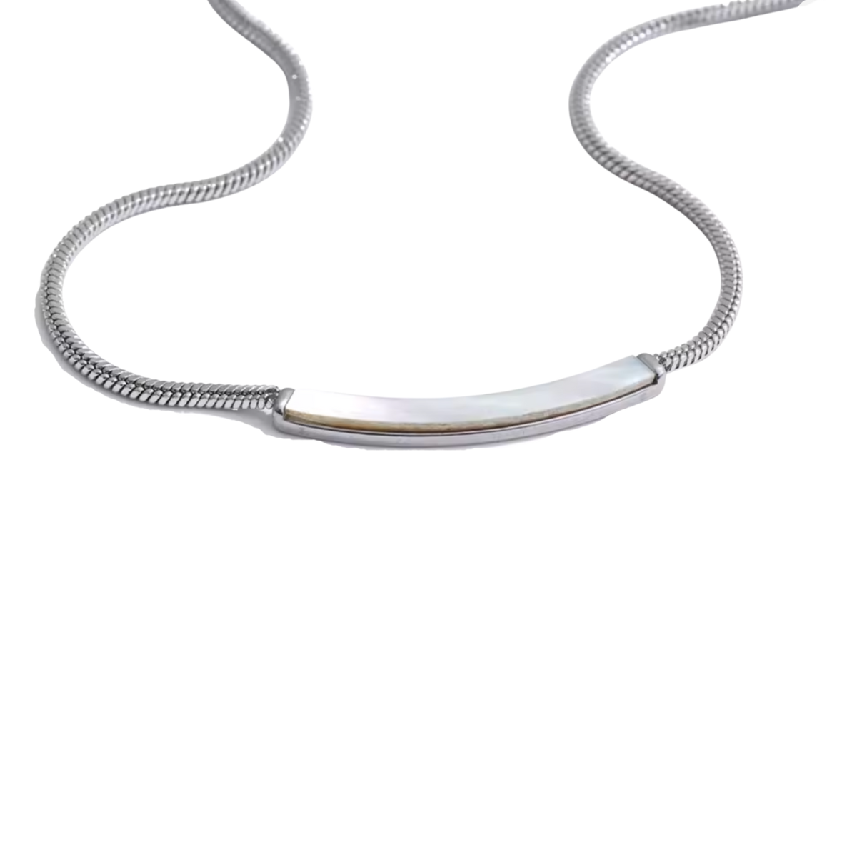 A silver snake chain necklace with a curved, polished silver bar pendant on a plain white background.