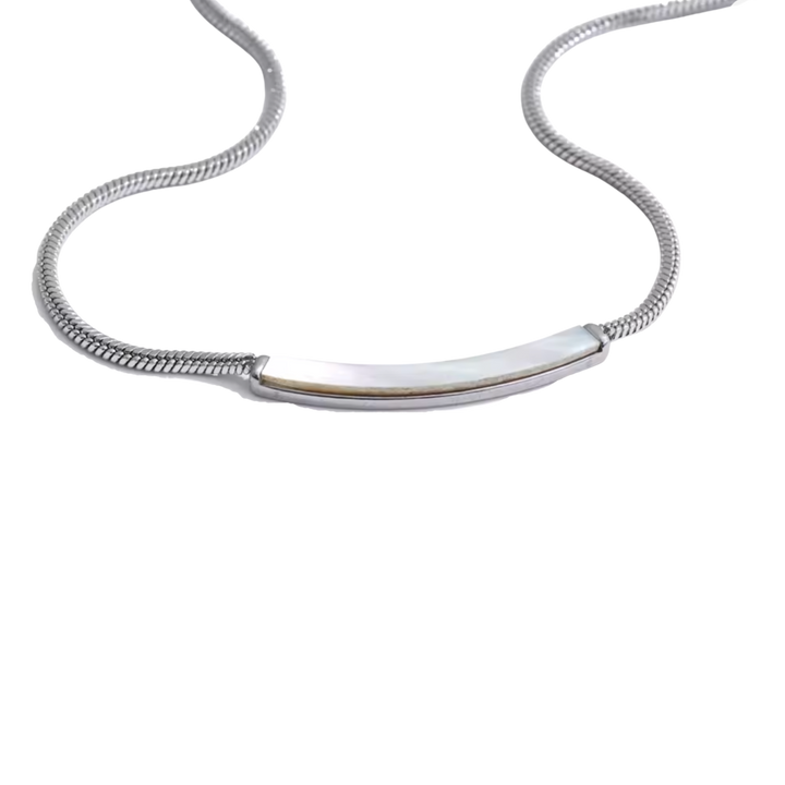 A silver snake chain necklace with a curved, polished silver bar pendant on a plain white background.