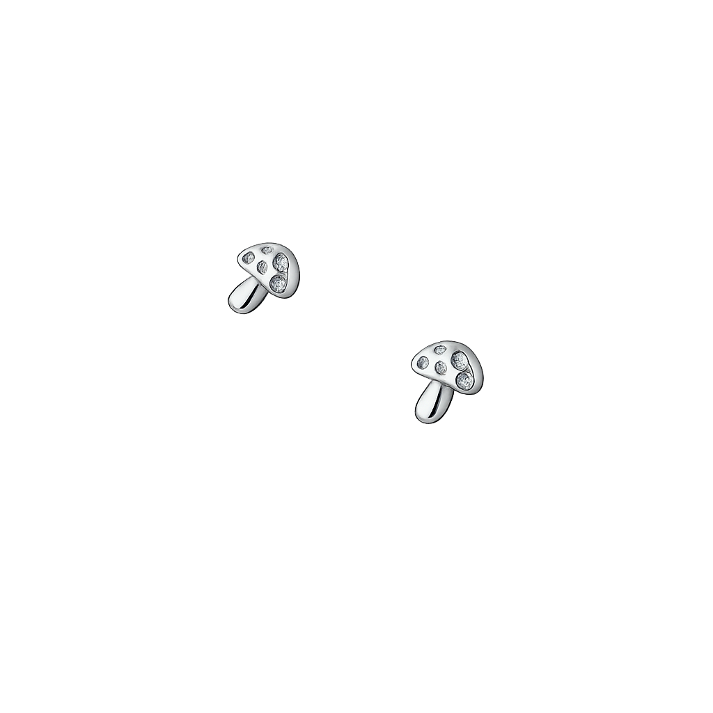 Silver mushroom-shaped earrings with embedded stones on a white background