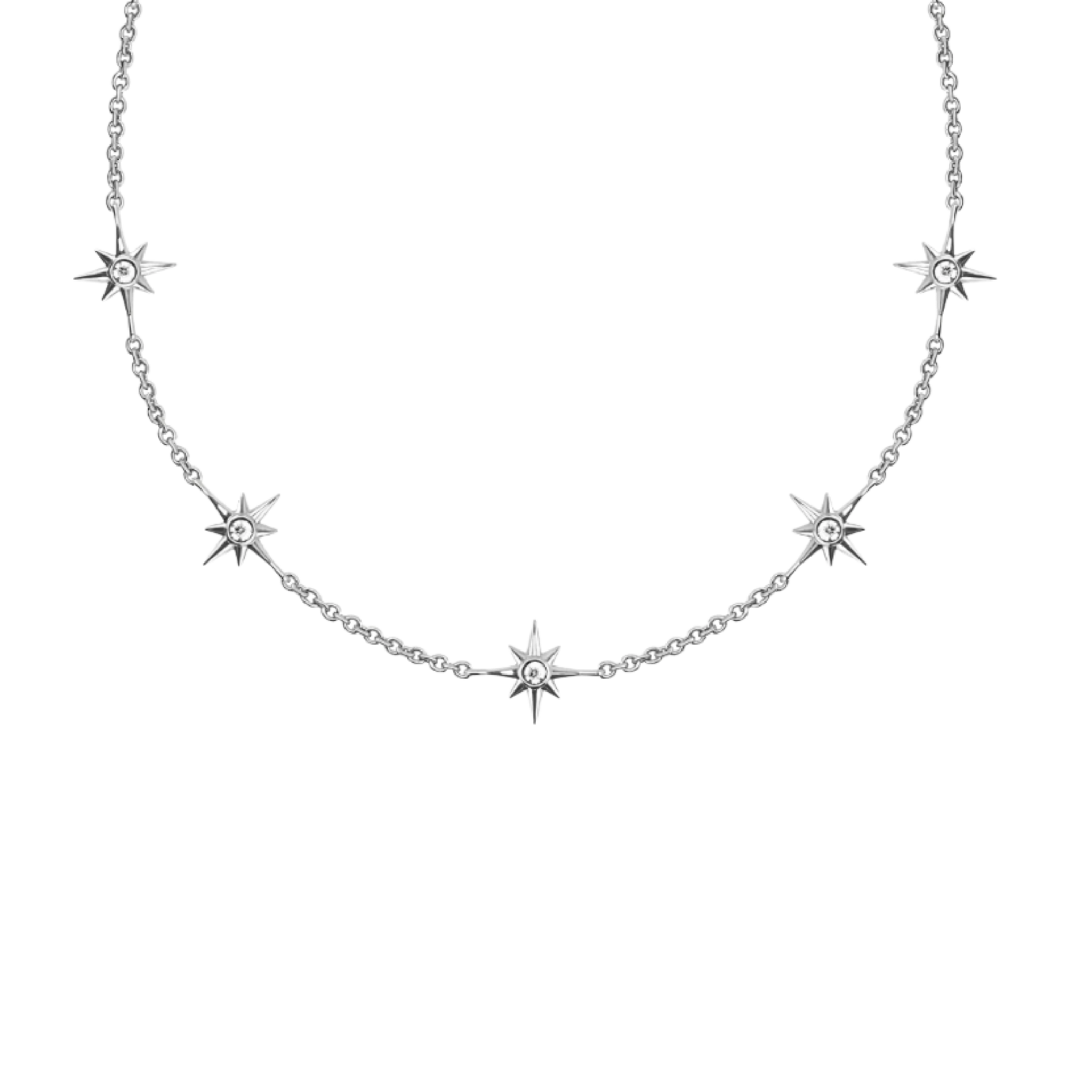 Silver necklace with star-shaped pendants on a white background