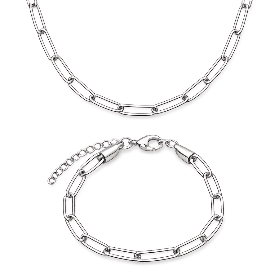 Silver chain necklace and bracelet on a white background