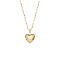 A polished yellow gold heart pendant necklace on a delicate paperclip chain, shown against a solid white background.