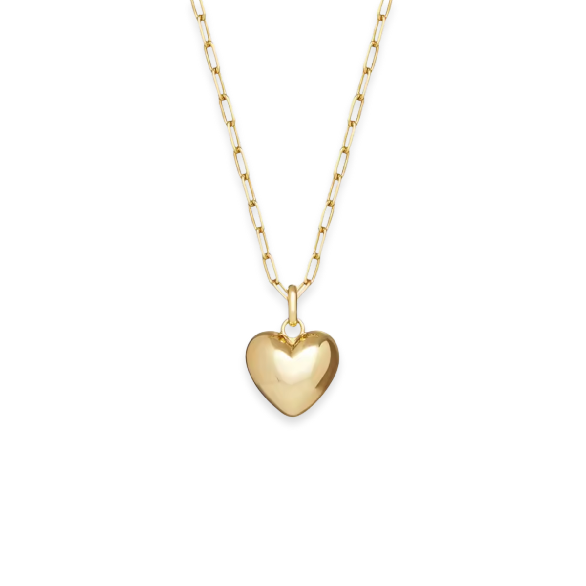 A polished yellow gold heart pendant necklace on a delicate paperclip chain, shown against a solid white background.