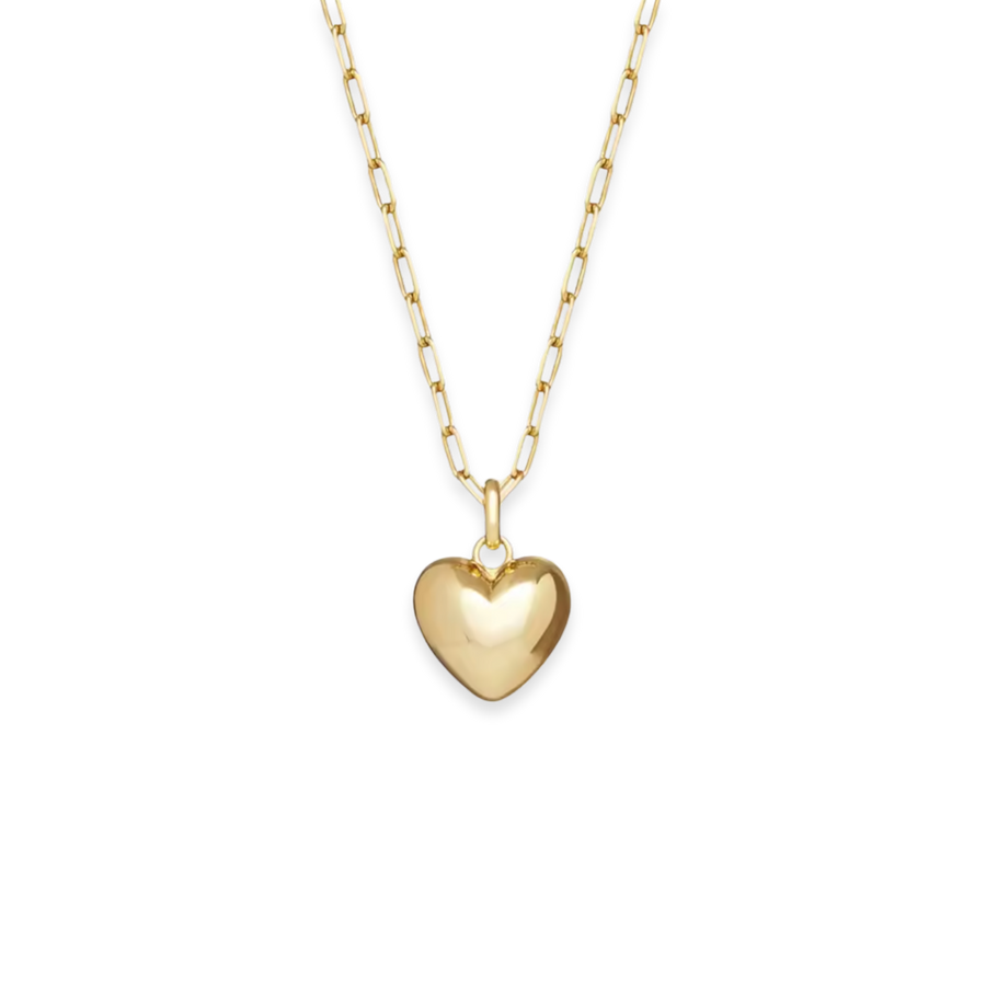 A polished yellow gold heart pendant necklace on a delicate paperclip chain, shown against a solid white background.