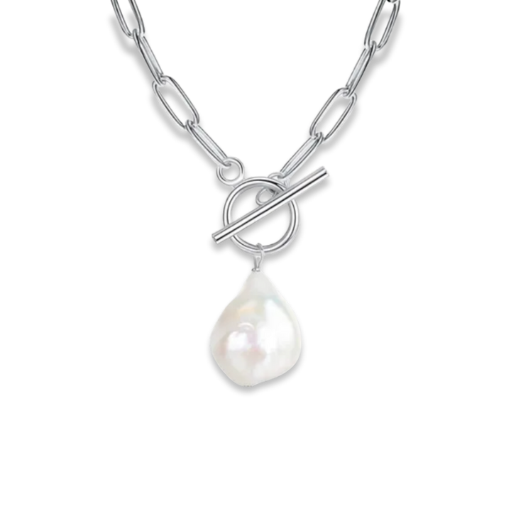 Silver necklace with a pearl pendant on a white background