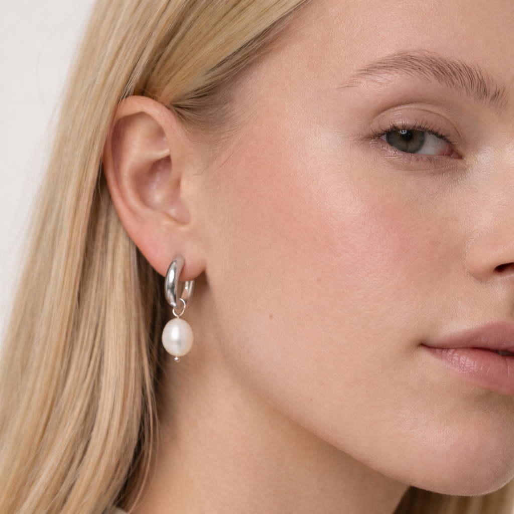 Close-up of a woman wearing a pearl earring with a plain background