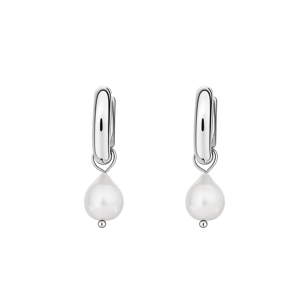 Pair of pearl earrings with silver hooks on a white background