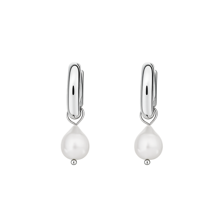Pair of pearl earrings with silver hooks on a white background