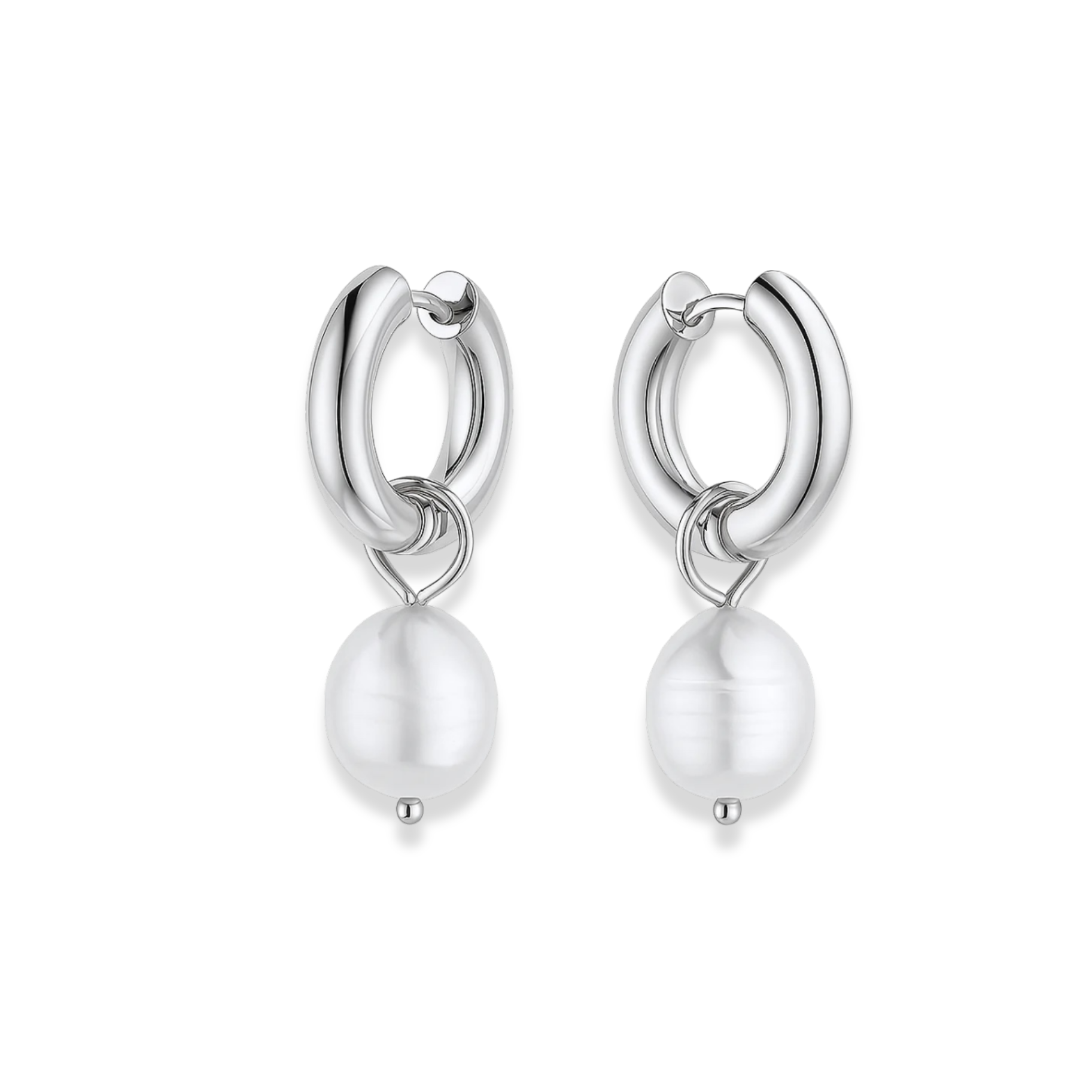Pair of silver hoop earrings with white pearls on a white background