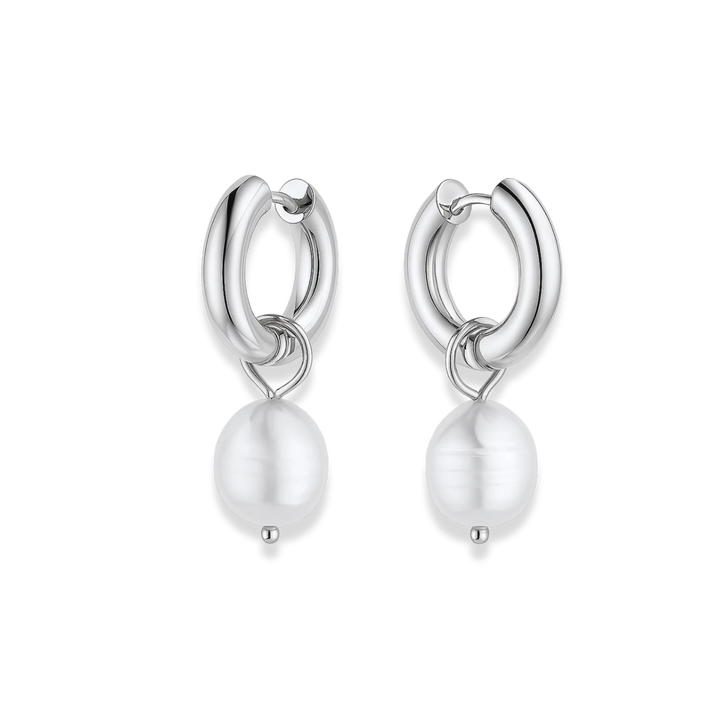 Pair of silver hoop earrings with white pearls on a white background