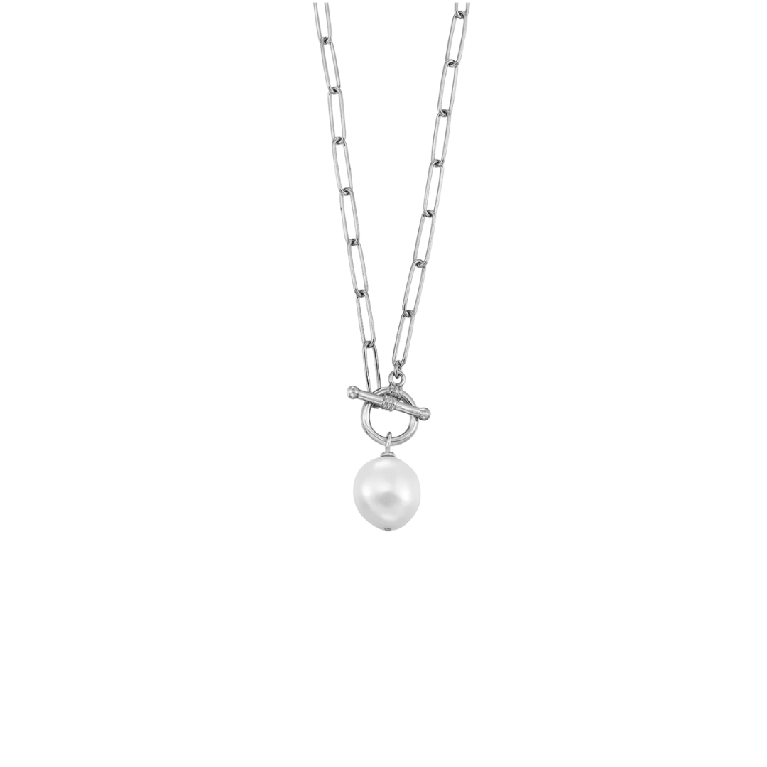 Silver necklace with a pearl pendant on a white background