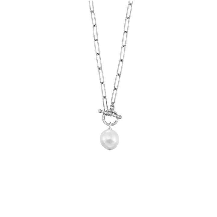 Silver necklace with a pearl pendant on a white background