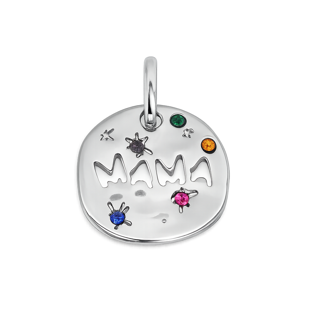 Silver pendant with 'MAMA' and colorful stones on a white background