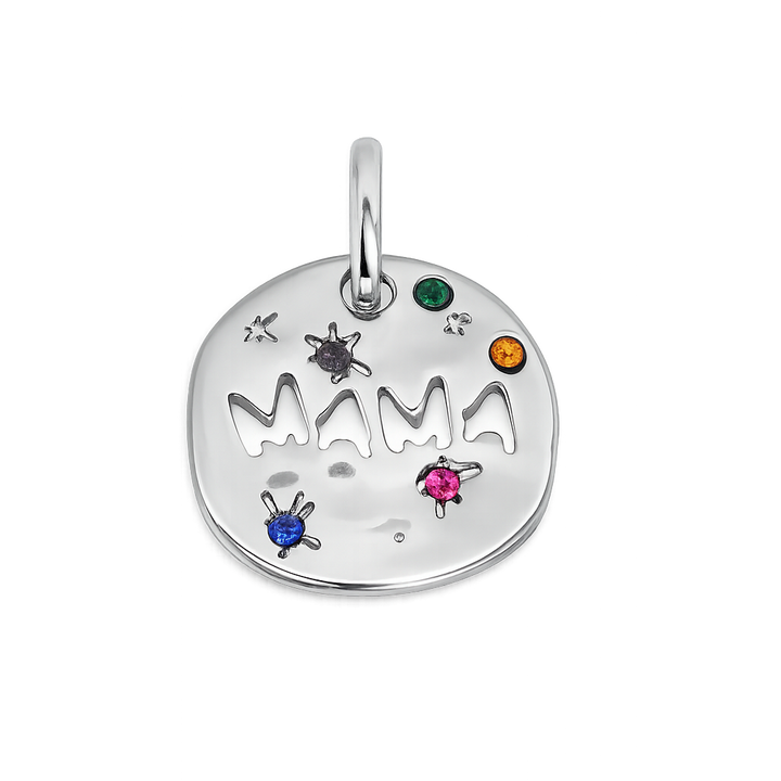 Silver pendant with 'MAMA' and colorful stones on a white background