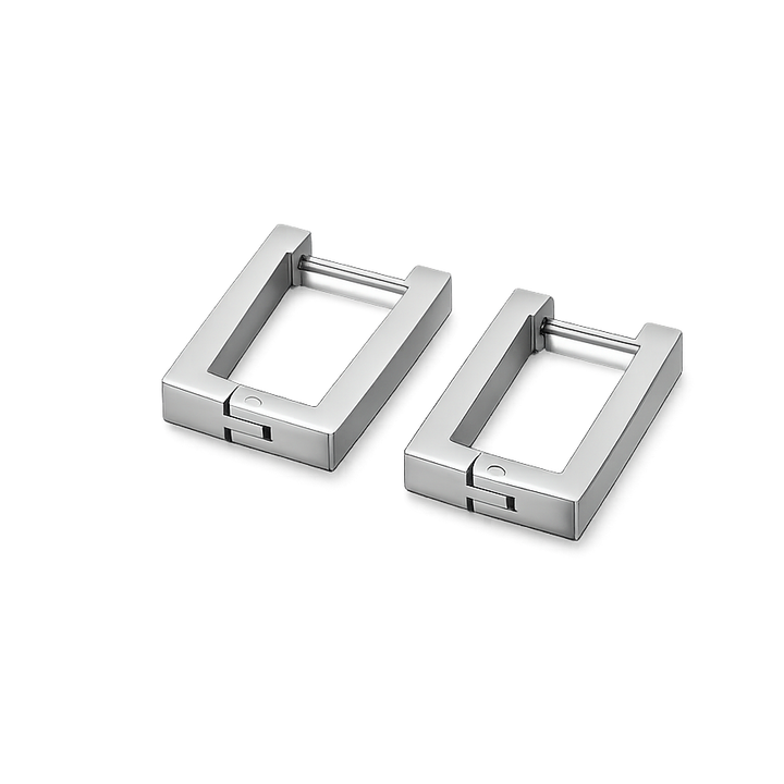 Pair of silver hoop earrings on a white background